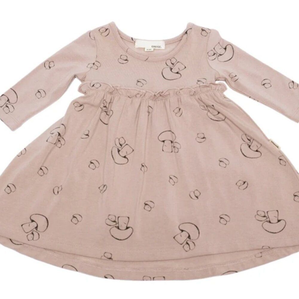 Greige Long Sleeve Mushroom Bamboo Dress with Built-in Bloomers Size 3-6M